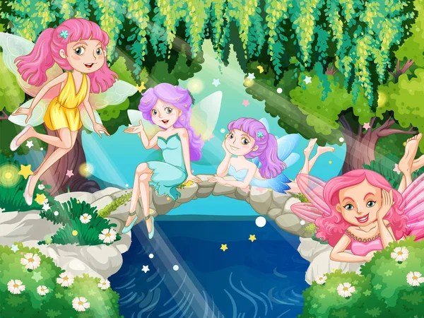 美しい妖精のイラストと幻想的な森のシーン — ストックベクタ