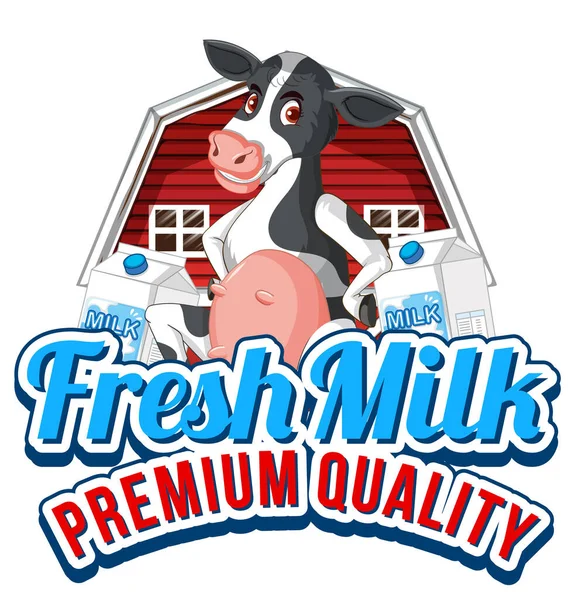 Fresh Milk Word Logo Dairy Cow Cartoon Illustration — Stock Vector