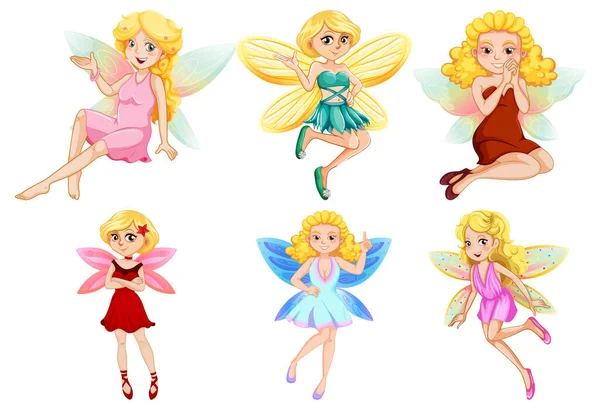 Set Different Beautiful Fairy Girl Cartoon Character Illustration — Stock Vector