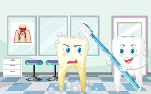 用牙刷设备愉快刷牙的临床说明 — 图库矢量图片