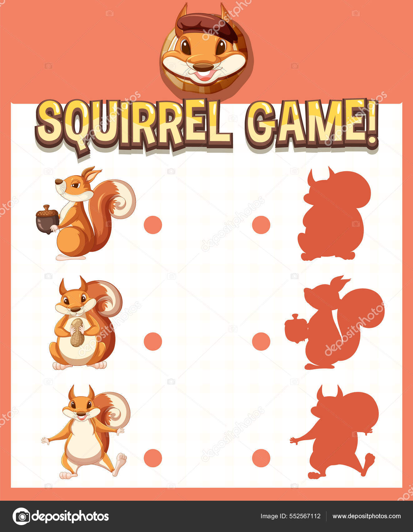Squirrel Matching Game Worksheet Children Illustration Stock Vector