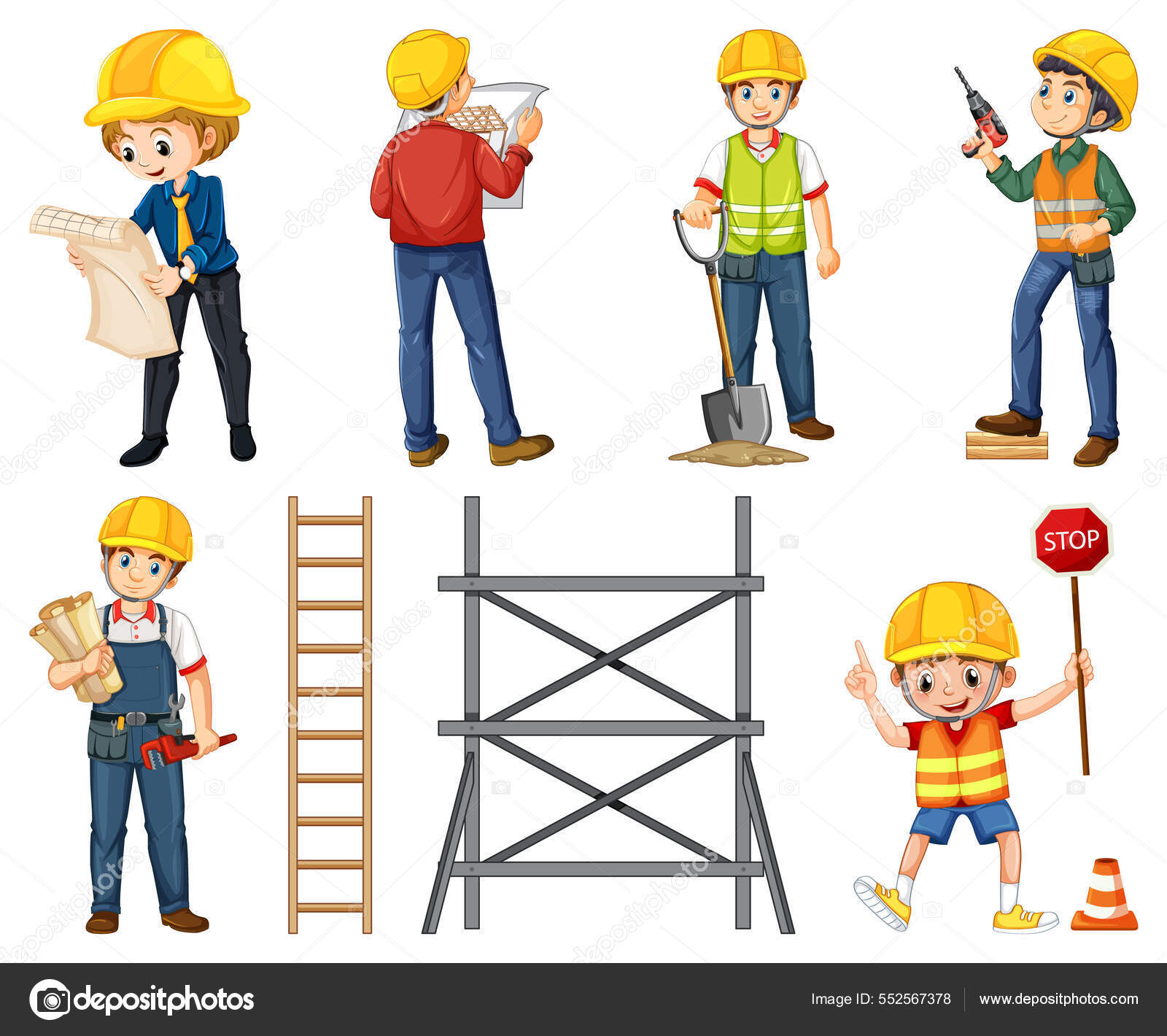 Conjunto Trabajadores Construcción Con Personas Que Hacen Diferentes  Trabajos Ilustración Vector de stock #552567378 de ©interactimages, image size:1600x1420