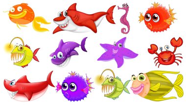 Deniz hayvanları çizgi film koleksiyonu çizimi