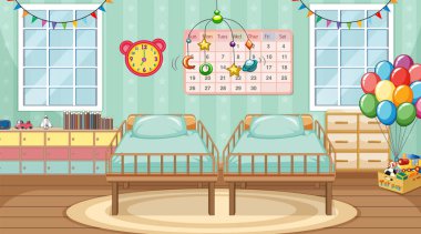 Yatak odası sahnesi ve iki bebek yatağı çizimi.