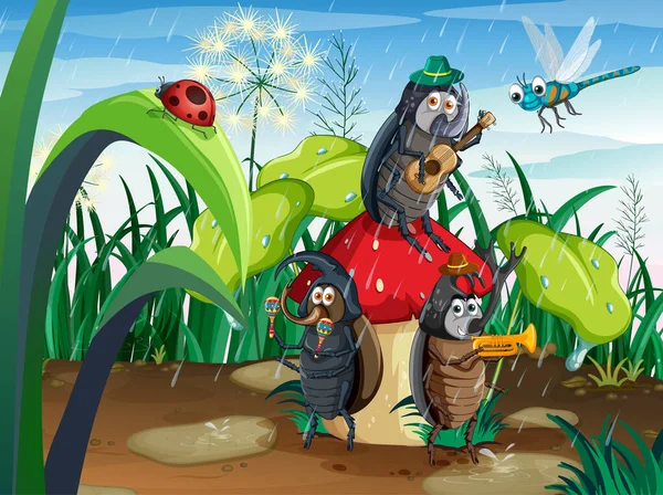 Bosque Fantasía Con Ilustración Insectos Dibujos Animados — Vector de stock