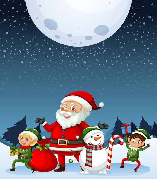 Noche Invierno Nevada Con Santa Claus Elfos Ilustración — Vector de stock