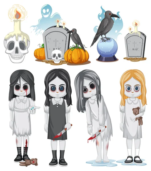 Set Von Halloween Geistern Und Elementen Illustration — Stockvektor