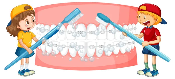 Счастливые Дети Чистят Белые Зубы Зубной Щеткой Белом Фоне — стоковый вектор