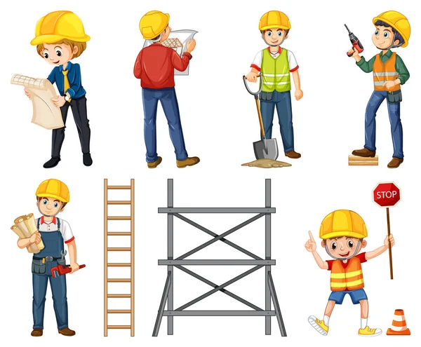 Conjunto Trabajadores Construcción Con Personas Que Hacen Diferentes Trabajos Ilustración — Vector de stock