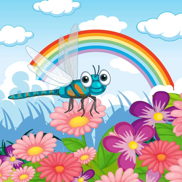 Flower Field Cartoon Dragonfly Illustration — Stock Vector