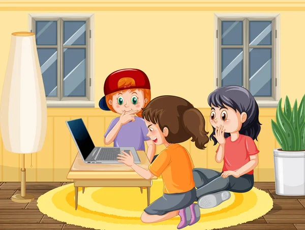 Happy Kids Playing Computer Home Illustration — Stock Vector