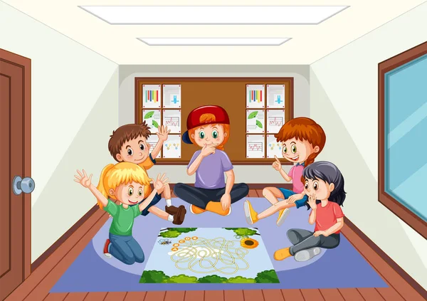 Room Scene Children Playing Board Game Illustration — Stock Vector