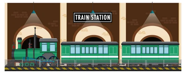 Train Station Scene Steam Locomotive Illustration — Stock Vector