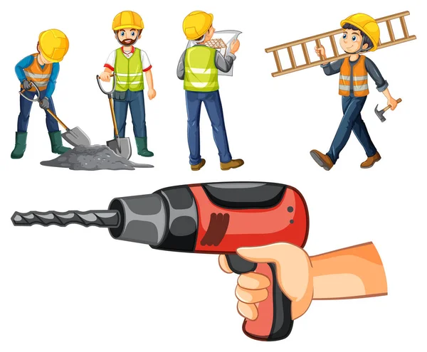 Bouwvakker Set Met Mannen Gereedschap Illustratie — Stockvector