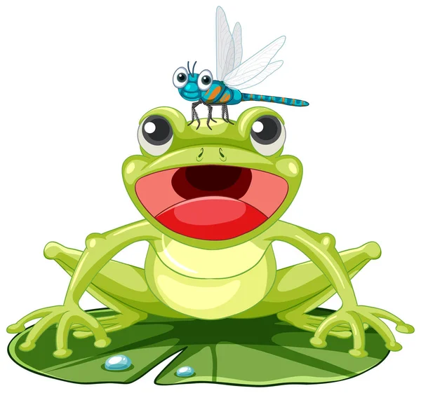 Grenouille Dessin Animé Sur Feuille Lotus Avec Illustration Libellule — Image vectorielle