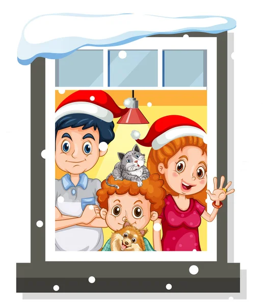 Vista Através Janela Família Ilustração Tema Natal —  Vetores de Stock