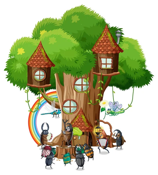 Desenhos Animados Insetos Felizes Ilustração Casa Árvore Fadas — Vetor de Stock