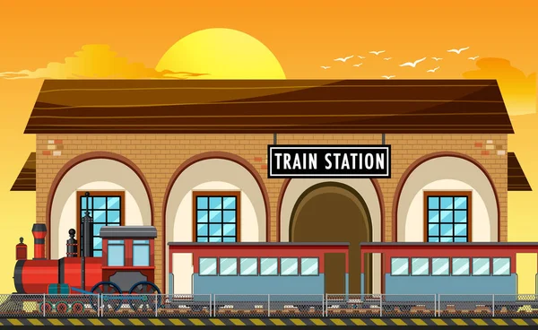 带有蒸汽机车图解的火车站场景 — 图库矢量图片