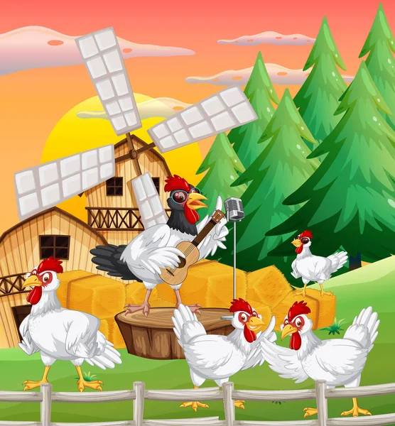 Farm Scene Group Chickens Illustration — Stock Vector