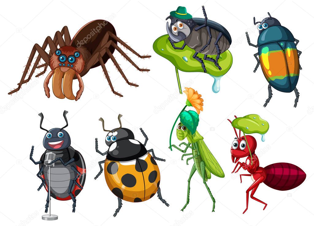 Set of different insects and beetles in cartoon style illustration
