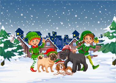 Elfler ve köpeklerle dolu karlı bir Noel gecesi sahnesi