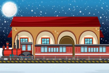 Buharlı lokomotif illüstrasyonlu tren istasyonu sahnesi