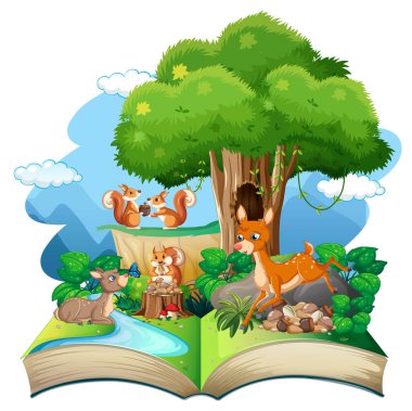 Beyaz arkaplan illüstrasyonu üzerine açık kitap orman teması