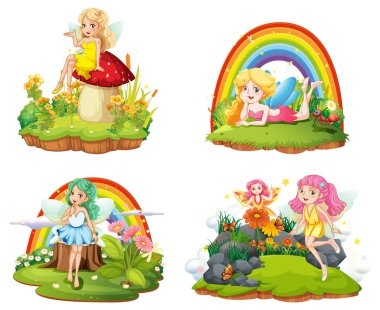 Güzel perilerin resimleriyle izole edilmiş fantastik ormanlar.