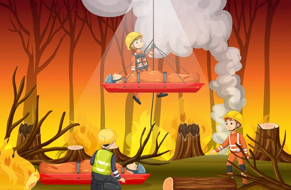 Escena Wildfire Con Rescate Firerman Ilustración Estilo Dibujos Animados — Archivo Imágenes Vectoriales