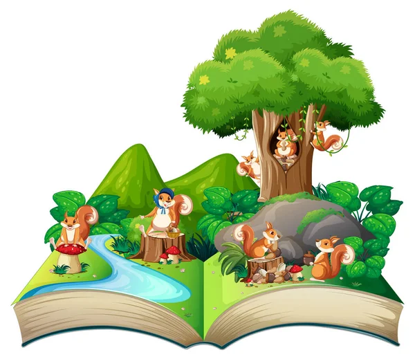 书里有松鼠在河边玩耍的场景 — 图库矢量图片