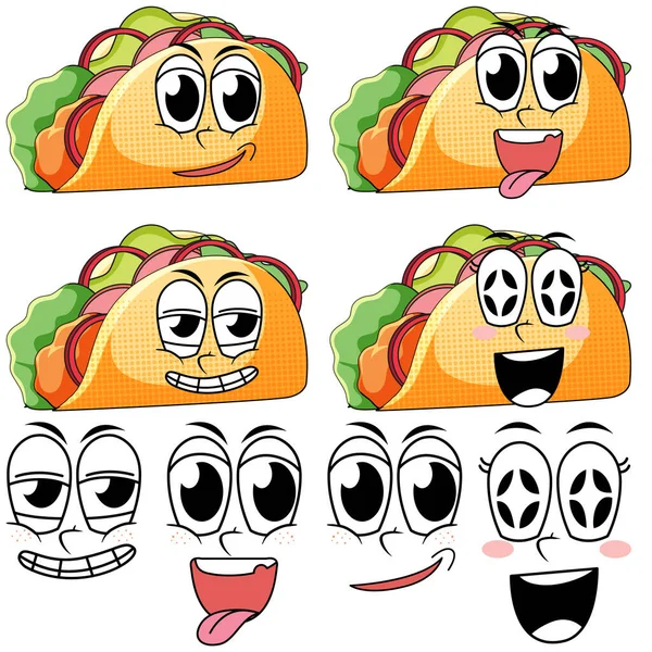 Zestaw Twarzy Wyrażenie Vintage Styl Kreskówki Taco Białym Tle Ilustracji — Wektor stockowy