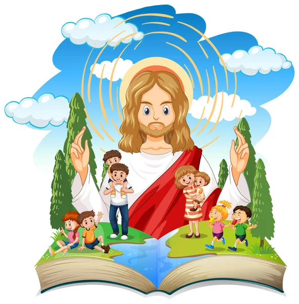Aufgeschlagenes Buch Mit Jesus Christus Und Menschen Illustration — Stockvektor