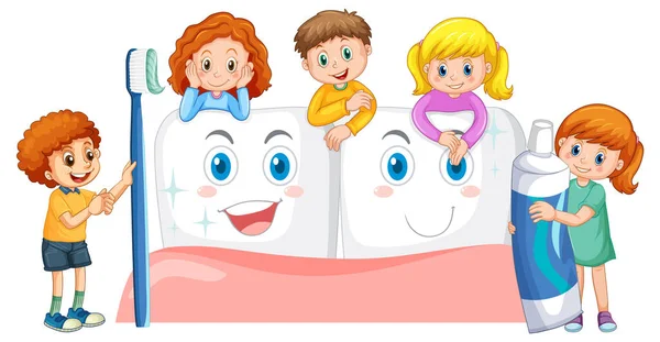Děti Držící Zubní Pastu Kartáček Bělenými Zuby Bílém Pozadí Ilustrace — Stockový vektor