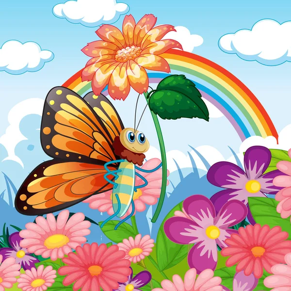 Blumenfeld Mit Cartoon Schmetterling Hält Blume Illustration — Stockvektor