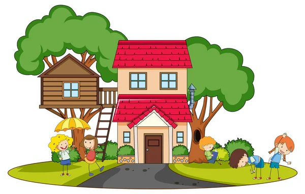 Una Casa Semplice Con Bambini Nella Natura Sfondo Illustrazione — Vettoriale Stock