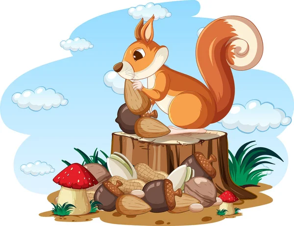 Cute Squirrel Collecting Nuts Illustration — Stock Vector