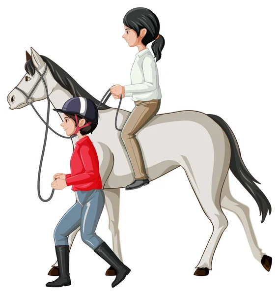 Flicka Rider Häst Med Hostler Vit Bakgrund Illustration — Stock vektor