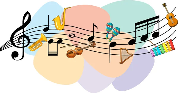 Instrumento Musical Con Notas Musicales Sobre Fondo Blanco Ilustración — Vector de stock