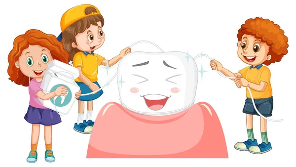 Dzieci Polerują Zęby Nitką Dentystyczną Białym Tle Ilustracji — Wektor stockowy