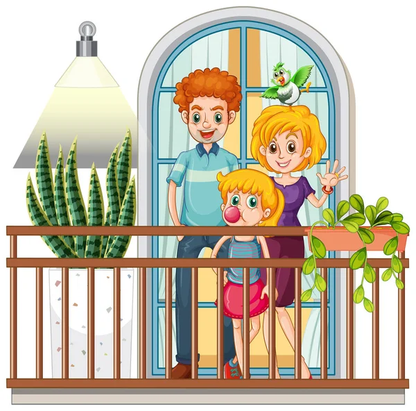 Happy Family Standing Balcony Illustration — Stock Vector