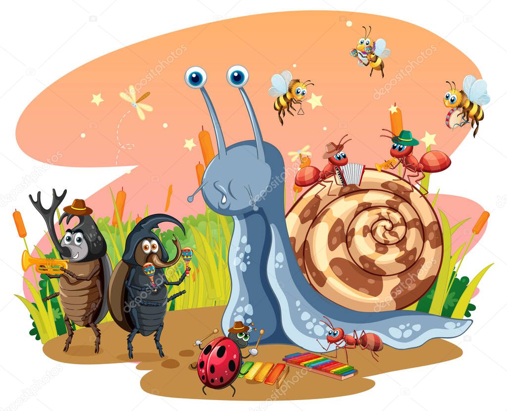 Cute snail and insects in cartoon style illustration