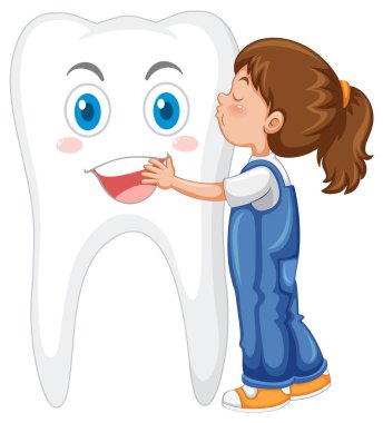 Mutlu çocuk sarılıyor ve beyaz arkaplanda büyük bir diş öpüyor.