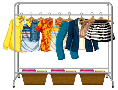 Çubuklarda asılı farklı kıyafetler.