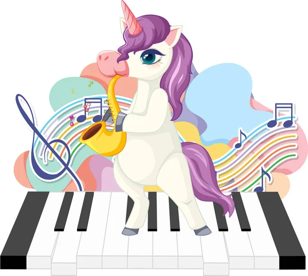 Cute Purple Unicorn Blowing Saxophone Music Notes Piano Illustration — Stock Vector