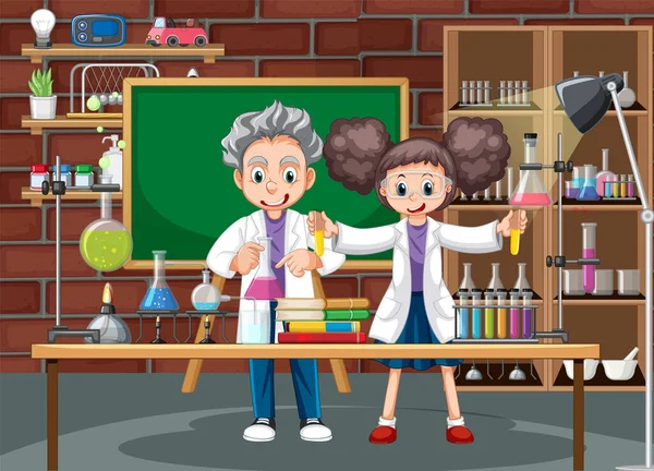 Scena Laboratorio Con Illustrazione Personaggio Cartone Animato Scienziato — Vettoriale Stock