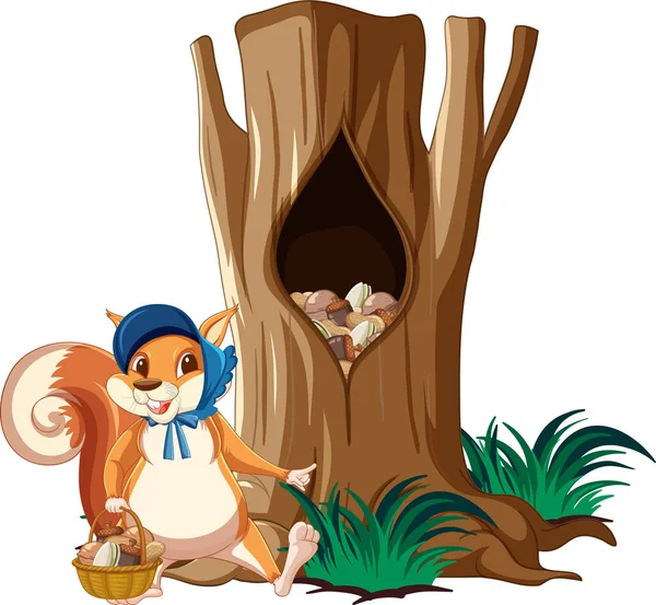 Cute Squirrel Collecting Nuts Illustration — Stock Vector