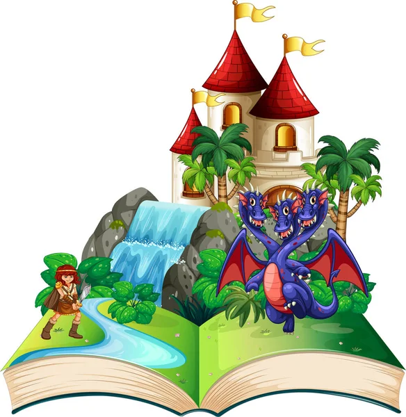 Libro Con Escena Dragón Caballero Por Ilustración Castillo — Vector de stock