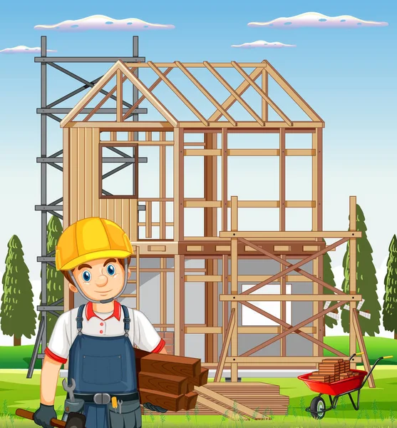 Cartoon Scene Building Construction Site Illustration — Stock Vector