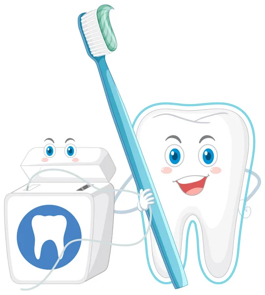 白い背景のイラストに歯科用フロス付きの幸せな大きな歯を保持歯磨き粉 — ストックベクタ