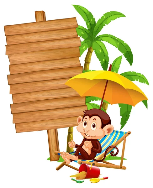 Blank Wooden Signboard Cute Monkey Illustration — Stock Vector
